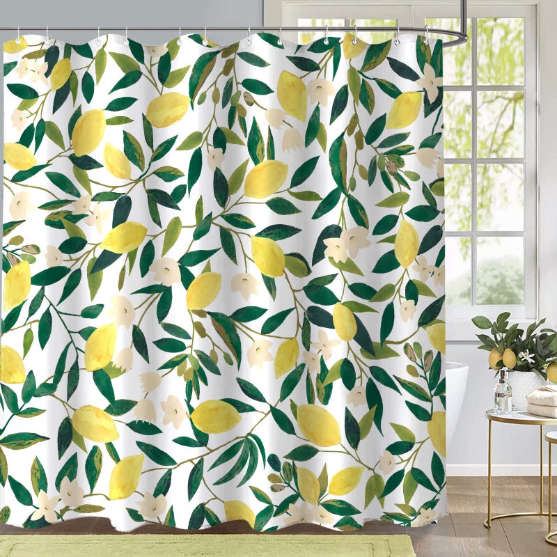 Lifeel Lemon Shower Curtain, Allover Fruits Green Leaves Plant Design Waterproof Fabric Bathroom Curtains Set with 12 Hooks, Green Yellow 72×72 inch - Image 2